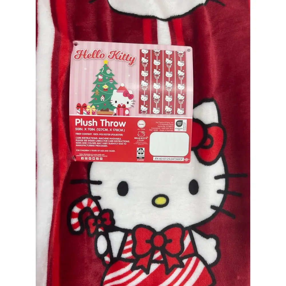 Hello Kitty Holiday Plush Throw Blanket 50 x 70 inches Red Candy Cane NEW